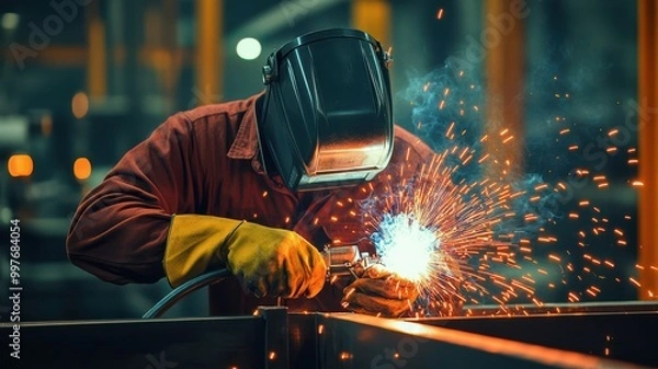 Fototapeta A skilled welder working meticulously with sparks flying in an industrial setting, showcasing craftsmanship and safety.