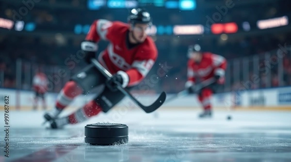 Fototapeta Professional ice hockey player shooting puck during intense game