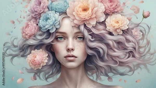 Obraz A human portrait blended with flowers, the hair turning into blooming petals, with soft pastel colors – surreal and artistic, detailed floral textures.