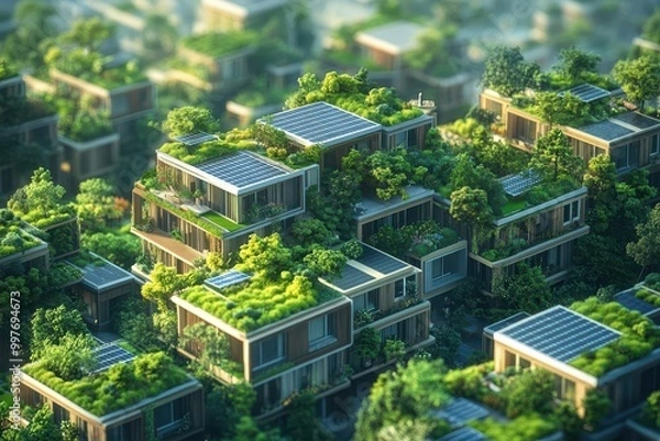 Fototapeta A futuristic sustainable city skyline with green rooftops and solar panels, interconnected buildings, sustainable city, eco-friendly urban planning