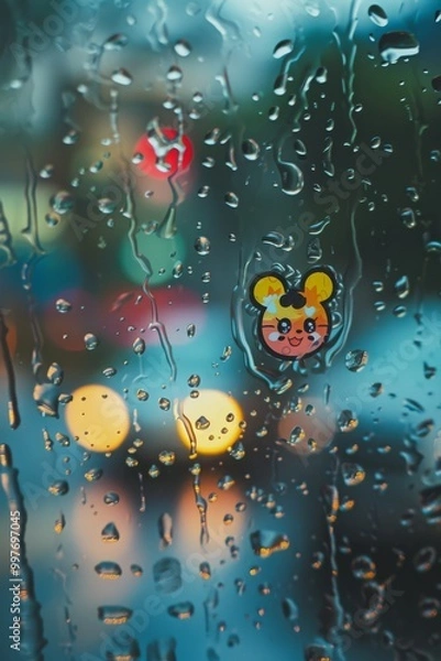 Fototapeta Rainy city scene viewed through a car window with water droplets, featuring colorful lights and a butterfly sticker