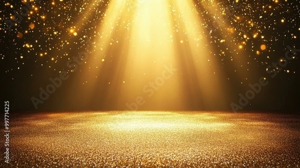 Obraz Experience a dazzling celestial celebration with golden confetti and beams of light illuminating the night stage for joyful revelry.