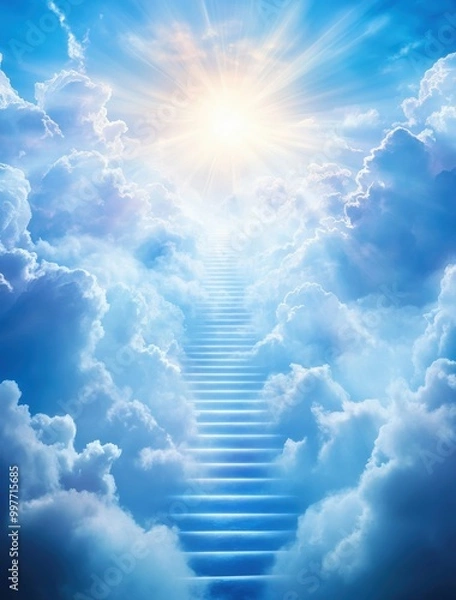 Fototapeta A serene image depicting a staircase leading to the radiant light above, surrounded by fluffy clouds in a bright blue sky.