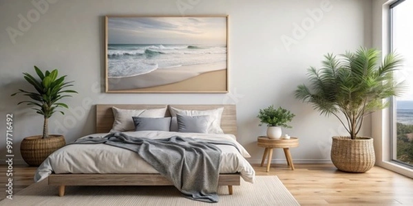 Fototapeta Tranquil Bedroom Oasis with Ocean View - Luxurious White Bedding and Minimalist Decor, Serene Home Interior for Relaxation and Inspiring Design Ideas