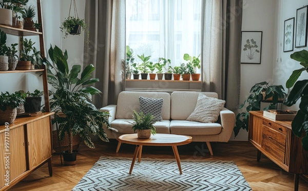 Fototapeta A living room with plants, a sofa, and a coffee table in the foreground, a white fabric couch behind it, and grey curtains on one side of the window, with a wooden floor.