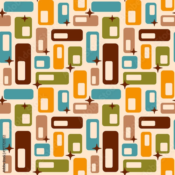 Fototapeta Retro Atomic oval capsules starbursts orange brown teal Raster pattern. Mid-century modern style Atomic capsules seamless vector pattern.