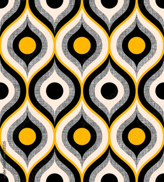 Fototapeta Retro midcentury textured ogee ovals electric yellow black Raster pattern. Retro 70s ogee and circles geometrics electric yellow, black and grey fabric texture.