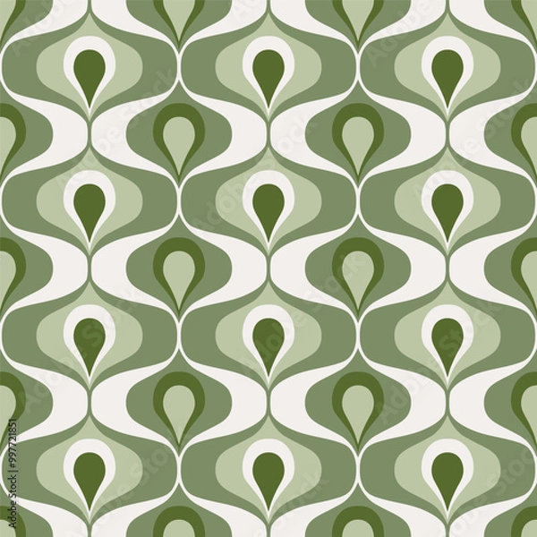 Fototapeta Retro midcentury ogee ovals sage green vector pattern.  Retro 70s geo teardrops pattern, pastel sage green ogee ovals seamless pattern for fabric, wallpaper and wrapping paper.