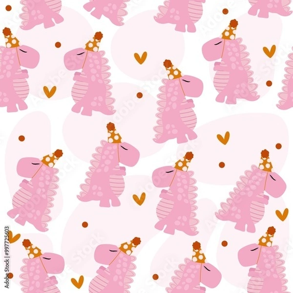 Fototapeta seamless pattern with pink dinos