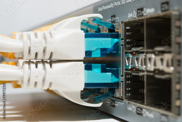 Fototapeta Patching cords connected to router close up