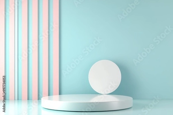 Fototapeta A minimalist 3D render featuring a pastel blue background with pink and blue vertical stripes. A white cylindrical platform and a sphere are positioned in front, creating a modern and clean aesthetic.