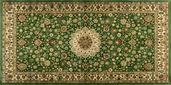Fototapeta Green Persian carpet with intricate antique pattern , Persian, carpet, green, antique, vintage, traditional, rug