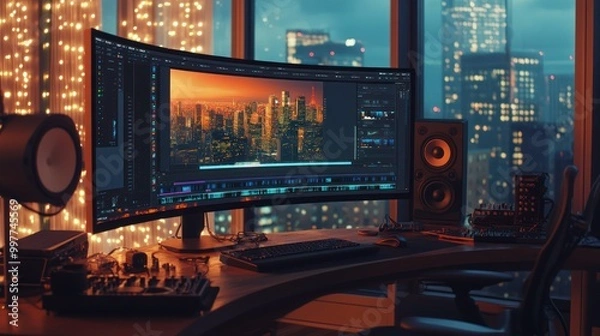 Fototapeta Night Cityscape on a Computer Screen