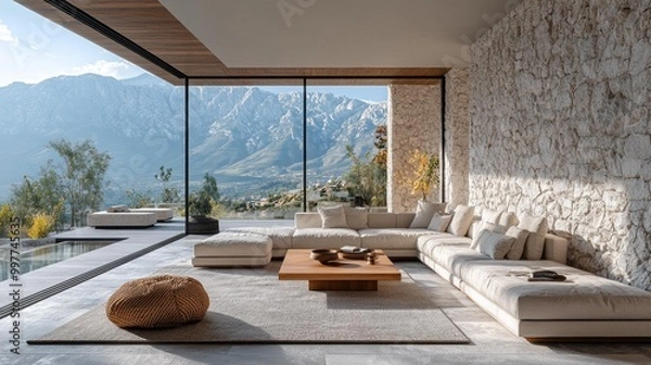 Obraz Modern Living Room with Mountain View Generative AI