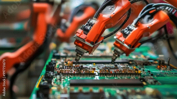 Fototapeta Precision robots are assembling multilayer circuit boards with high efficiency and accuracy, showcasing advanced technology in manufacturing