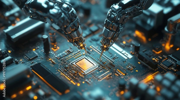 Fototapeta Robotic arms conducting quality checks on circuit board, showcasing advanced technology and precision in electronics manufacturing. scene highlights innovation and automation in tech industry