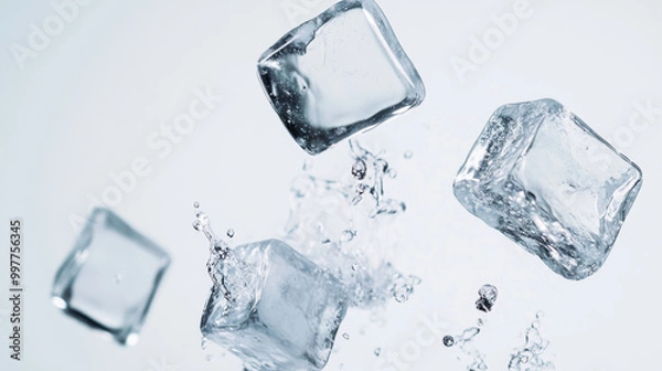 Fototapeta Ice cubes falling against a plain white backdrop.