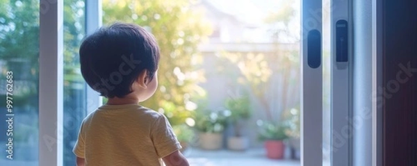 Fototapeta Secure Home - Child Playing Safely Indoors with Automated Security System Locking Doors Automatically