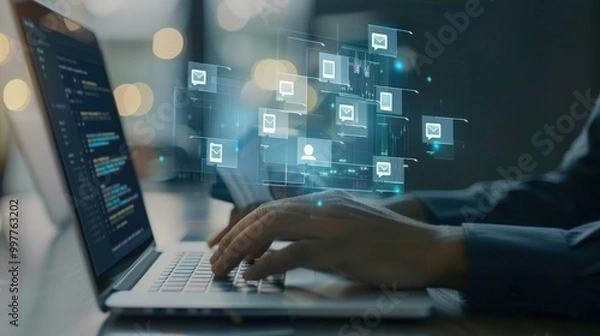 Fototapeta Hands typing on a laptop with digital email icons overlay. Concept of online communication and technology.