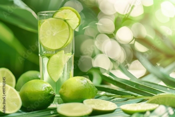 Fototapeta Refreshing Lime Drink with Tropical Vibes and Fresh Lime Garnish in a Green Backdrop