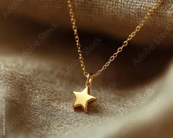 Obraz Close-up of a minimalist gold star pendant necklace hanging from a delicate chain, symbolizing simple and elegant jewelry design.

