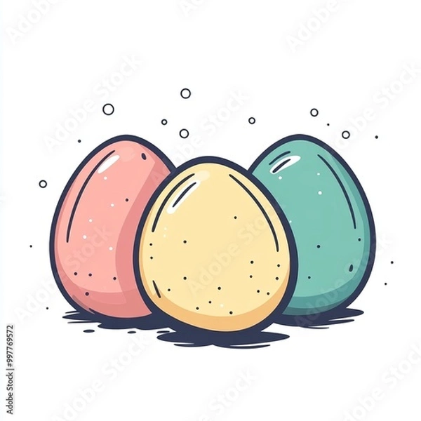 Fototapeta Three stylized eggs in pastel shades of pink, yellow, and green are arranged neatly on a white background, showcasing a flat design illustration style