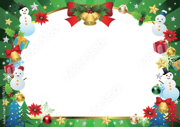 Fototapeta クリスマスフォトフレーム、かわいい、バースト、緑、横