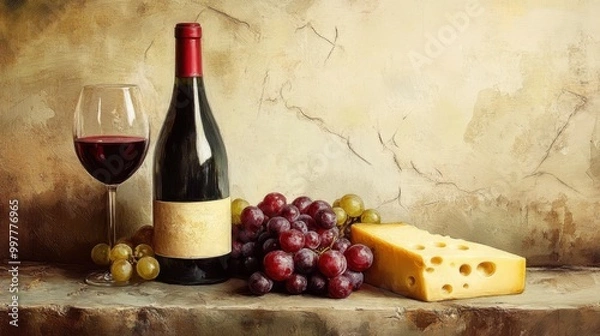 Fototapeta Detailed artistic depiction of a bottle of wine with cheese and grapes laid out in a vintage still-life style