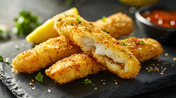Fototapeta Crispy fish fingers with a lemon wedge and a bowl of dipping sauce.