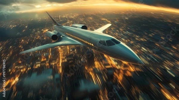 Fototapeta An elegant aircraft glides smoothly above a bustling city at dusk, illuminated by the warm glow of city lights. The skyline showcases towering buildings against a backdrop of colorful clouds.