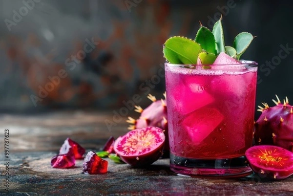 Fototapeta Vibrant Prickly Pear Juice with Cactus Fruit Garnish for a Refreshing Tropical Summer Vibe







