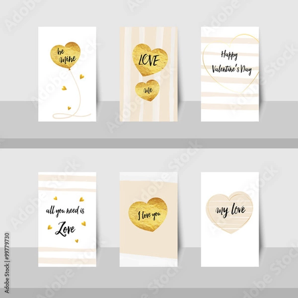 Fototapeta Set of Valentine, Happy Valentine's day small cards gold foil texture heart shaped balloons pink stripe line, with black text be mine, my love, love me and I love you, with gold shiny colors.