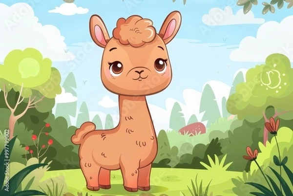 Fototapeta A cartoonish drawing of a brown llama standing in a grassy field