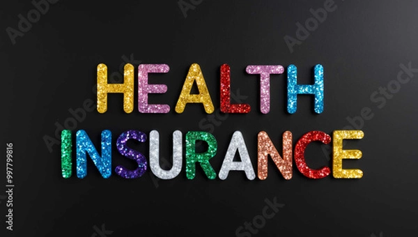 Obraz health insurance word lettering made of colorful glitter shining effect on plain black background