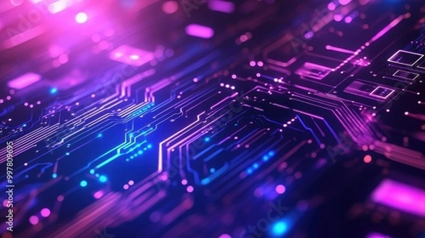 Fototapeta Close-up of a Circuit Board with Pink and Blue Glowing Lines