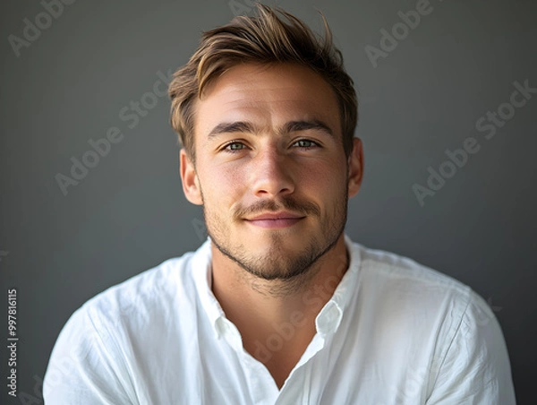 Fototapeta Handsome Young Man Smiling in Casual Portrait with Neutral Background