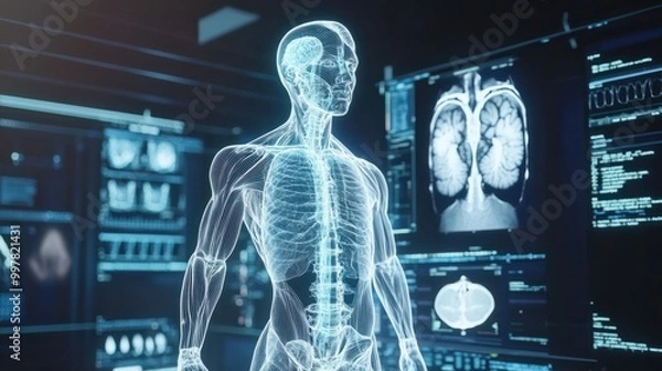 Fototapeta The 3D rendering of a human body scanned for medical blueprints in virtual reality