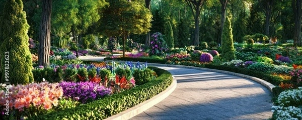 Obraz A botanical garden walkway with exotic flower beds, ornamental trees, and a series of small, themed gardens, perfect for a leisurely stroll