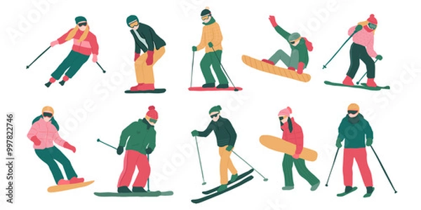 Obraz Collection of holiday people skiing and snow board vector illustration