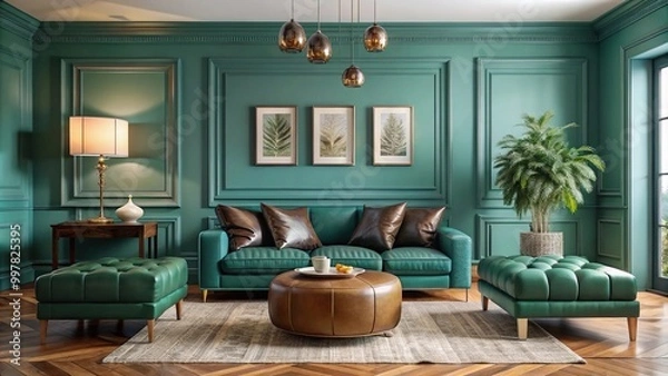 Fototapeta Elegant teal lounge with leather ottomans and curated wall art close-up