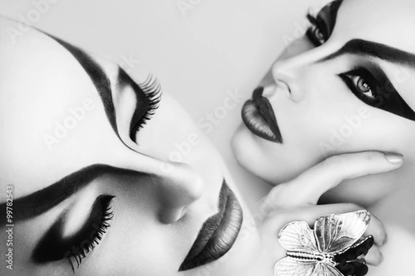 Obraz Black and White Portrait of Beautiful Model with Fantasy Creative Art MakeUp. White Background. Close Up