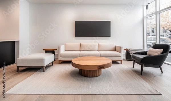 Fototapeta Modern living room with minimalist furniture and large windows letting in natural light in an urban setting
