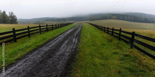 Fototapeta a foggy morning in Belarus with a lone farmer starting the potato harvest autumn season rural solitude traditional agriculture misty field with a wooden fence and distant forest in the background