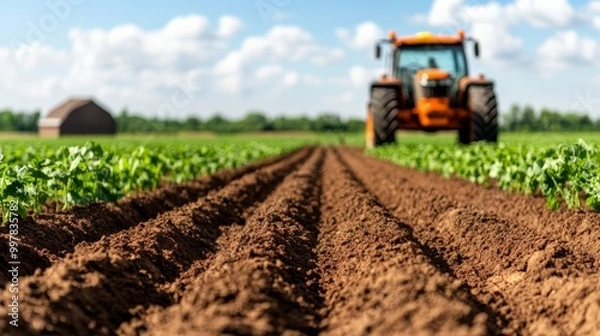 Obraz a tractor plowing through a potato field in Belarus leaving neat rows of soil agricultural machinery farming equipment rural life with a barn and a farmhouse in the distance