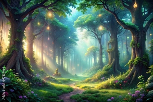 Fototapeta Enchanted forest with towering trees and magical creatures
