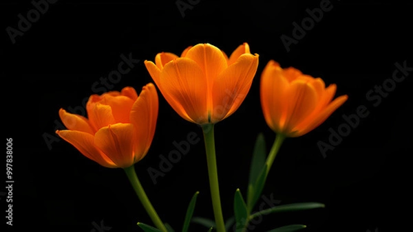 Fototapeta Three orange flowers are standing next to each other on a black background