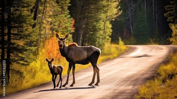 Fototapeta Moose and Calf on a Winding Forest Road