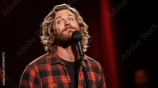 Fototapeta A man with long curly hair performs stand-up comedy on stage, exuding charisma and engaging the audience with humor.