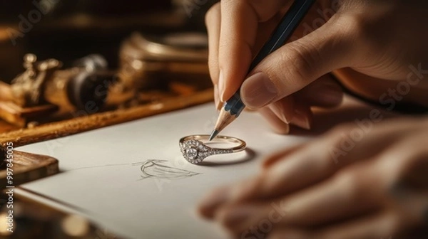 Obraz A jeweler sketching out a ring design on paper with a pencil.