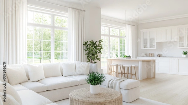 Fototapeta A bright and airy living room features cozy white sectional sofa, natural woven coffee table, and large windows that invite sunlight. minimalist decor creates serene atmosphere